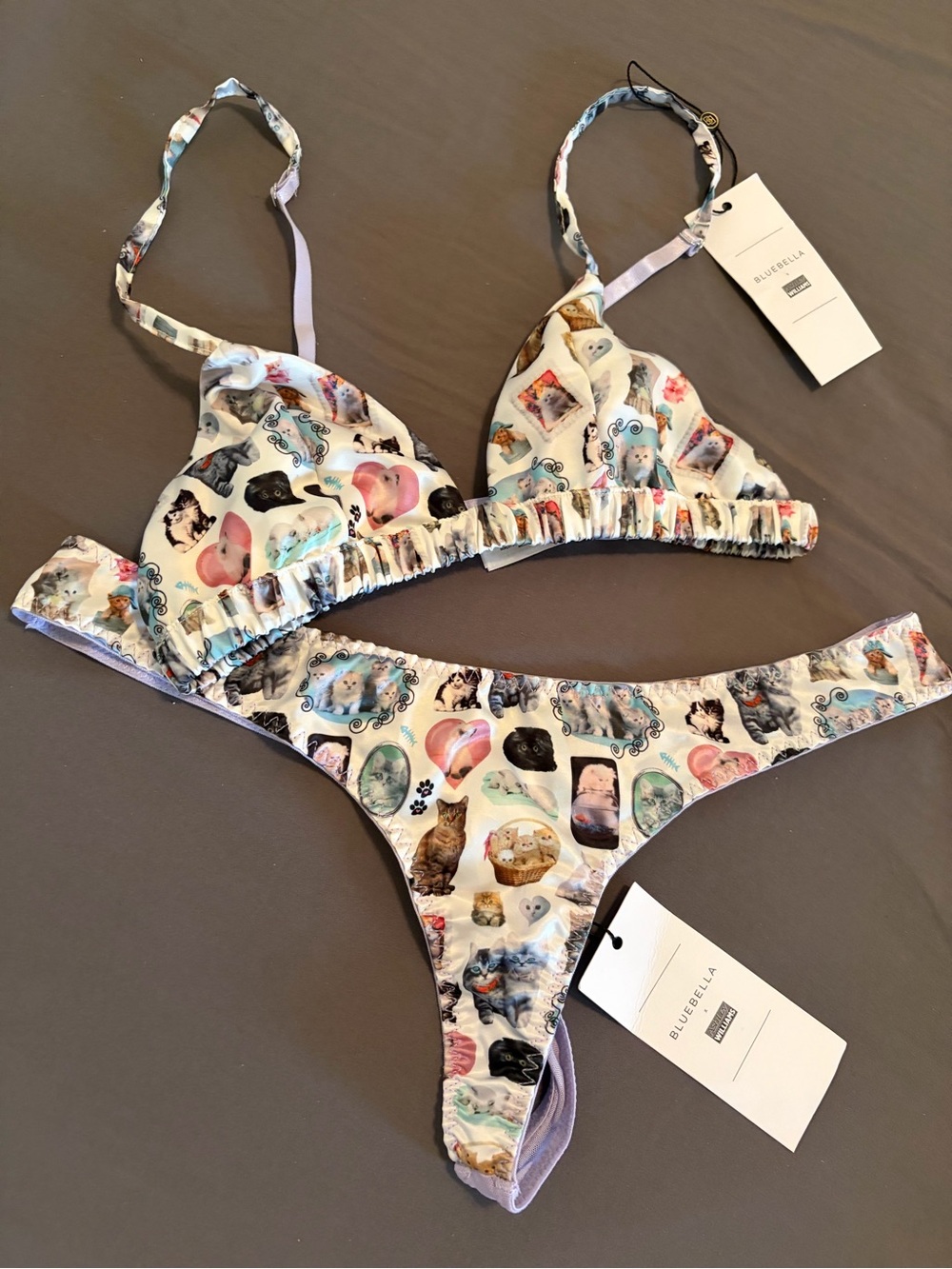 Bluebella White Kitten Print Triangle Bralette XS & Thong (Size 6) Set